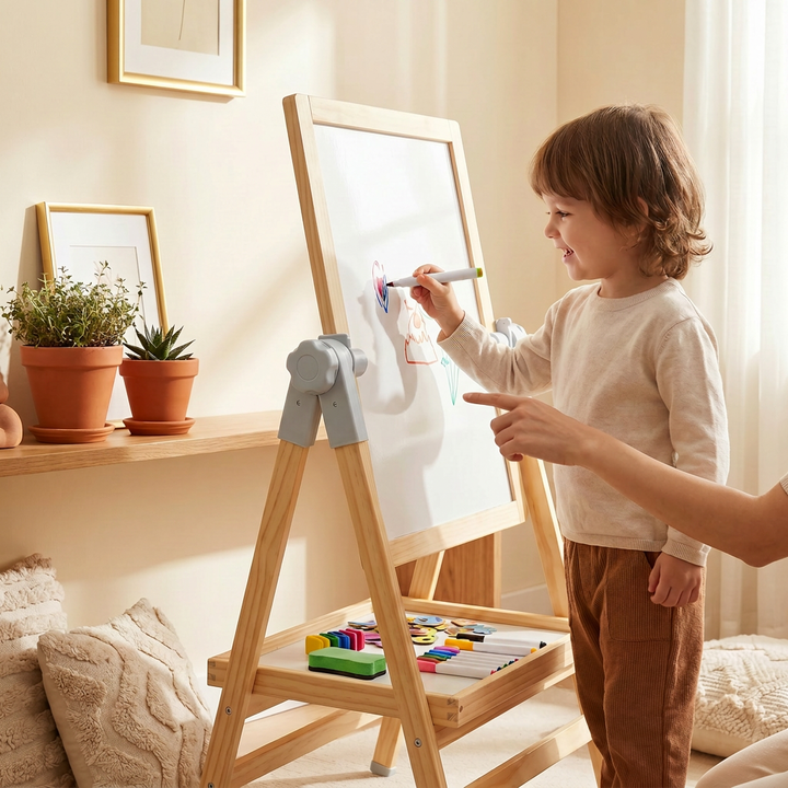 A young child drawing on the whiteboard side of the wooden standing easel