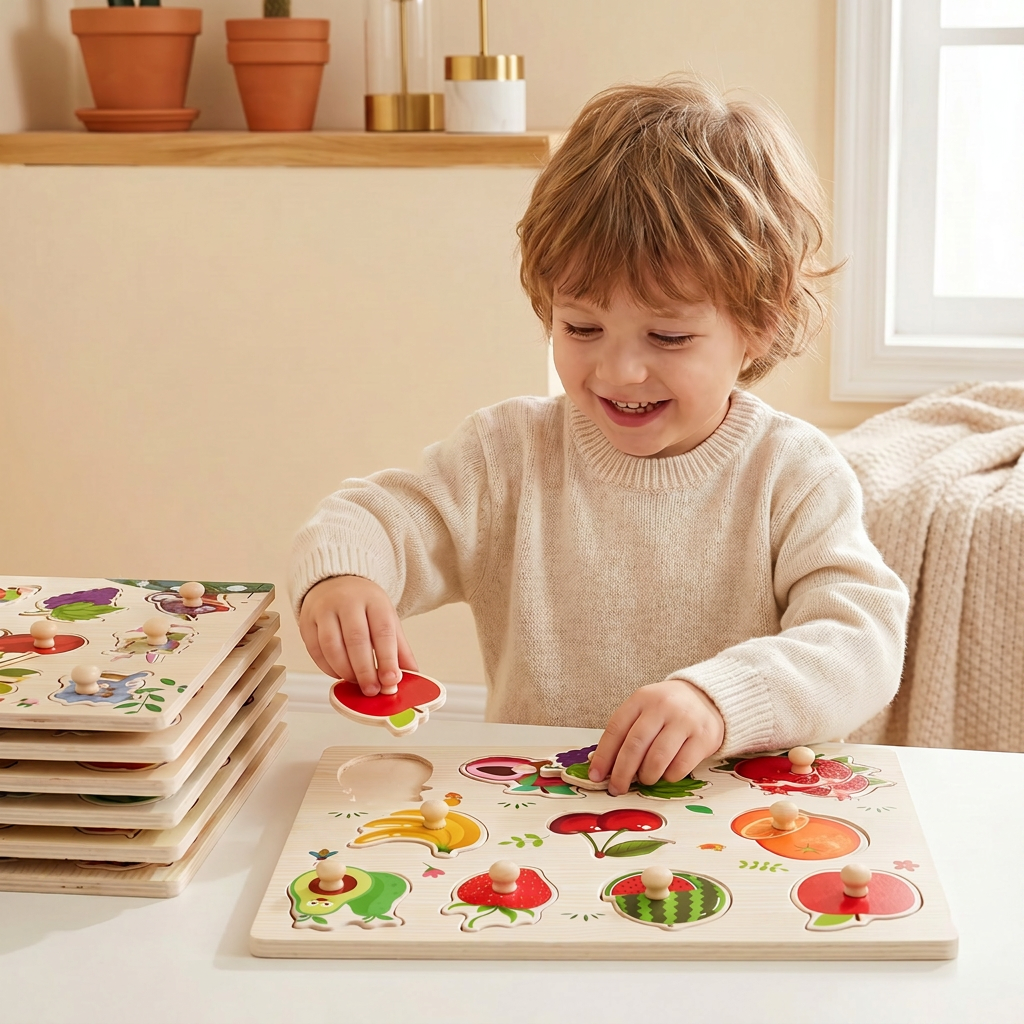 A young child lifting wooden pieces from a peg puzzle board by their round knobs