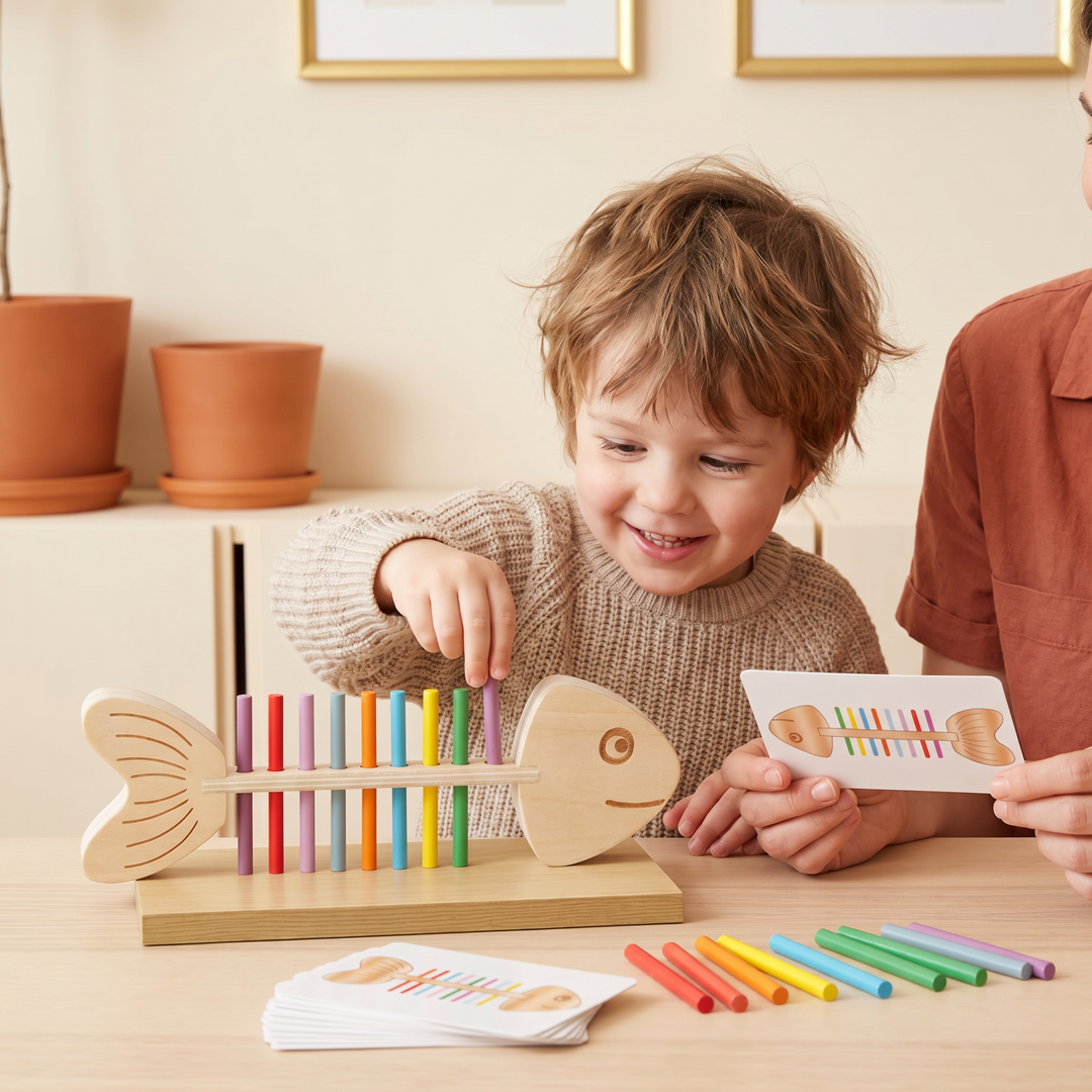 A young child matching colored sticks to a card on the wooden fish toy