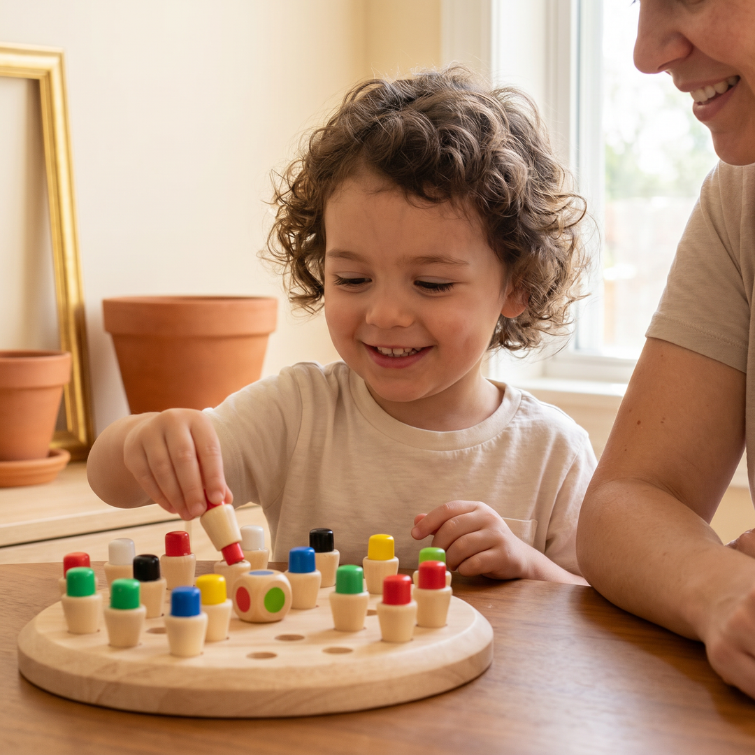 A young child playing the wooden color memory game, lifting a colored peg