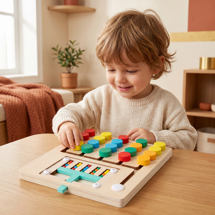 A young child playing the wooden color-slide puzzle, sliding a colored disc to match