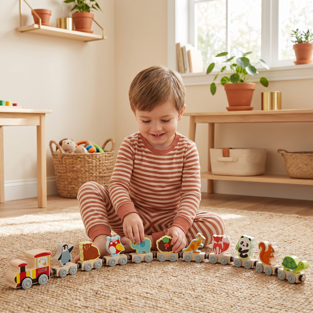 A young child snapping the wooden animal train cars together into a long line