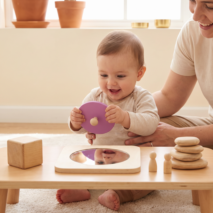 A baby playing peekaboo with the wooden mirror puzzle, their reflection in the mirror