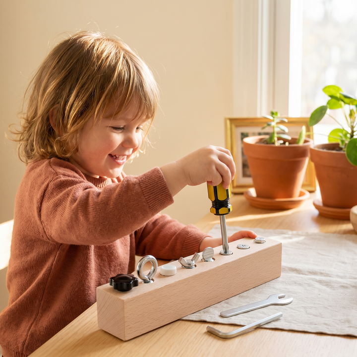 A young child working the bolt board, turning the little screwdriver to loosen a bolt