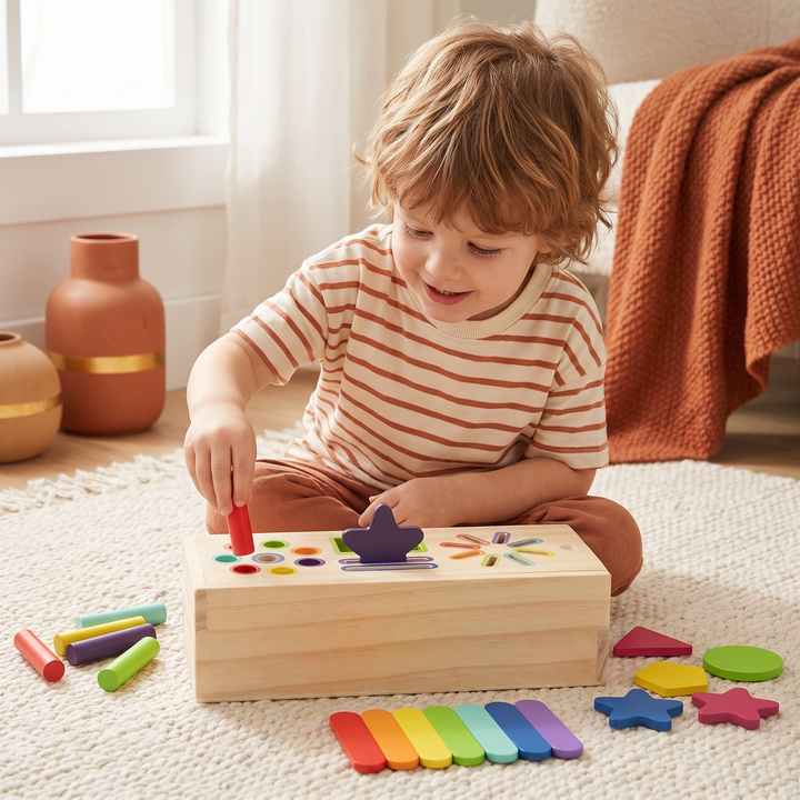A young child sorting the rainbow wooden pieces into the natural-wood box
