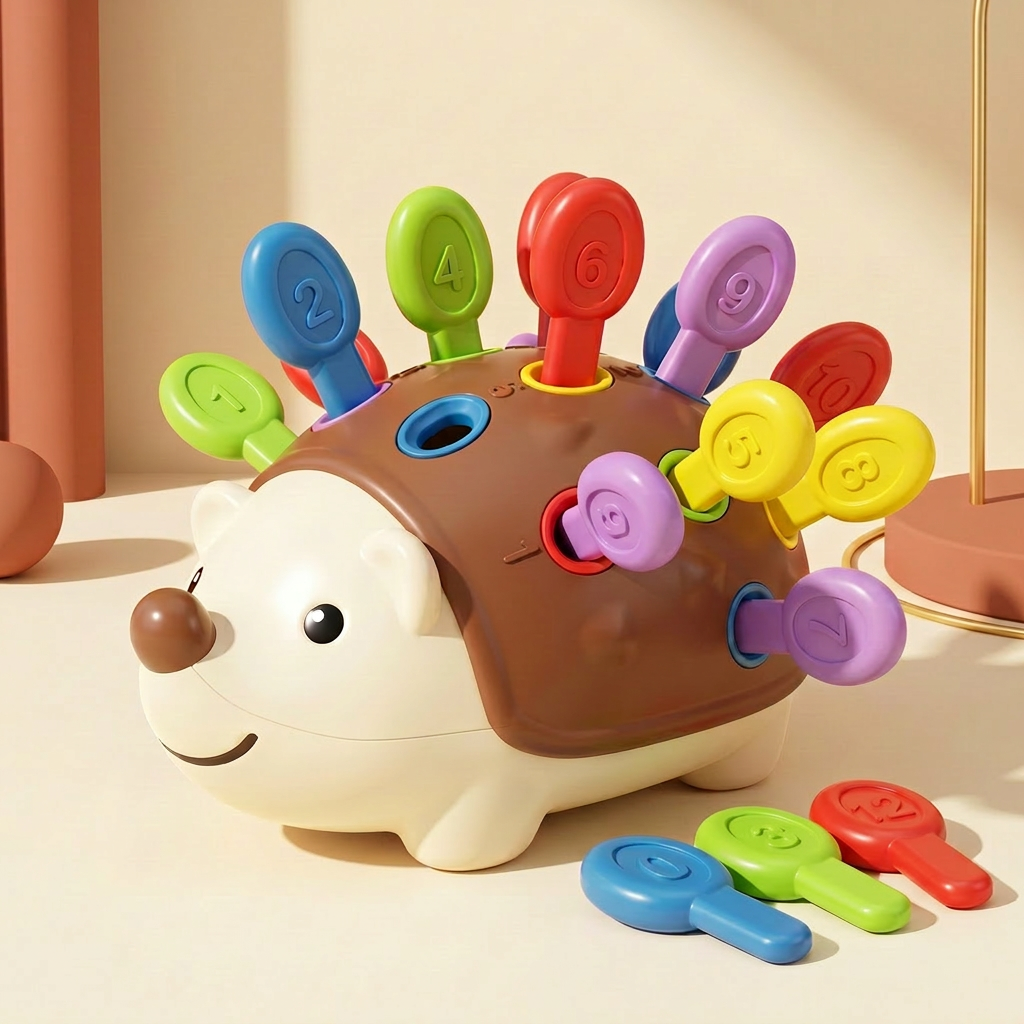 Assembled counting hedgehog with colored numbered pegs and a few loose pegs beside it