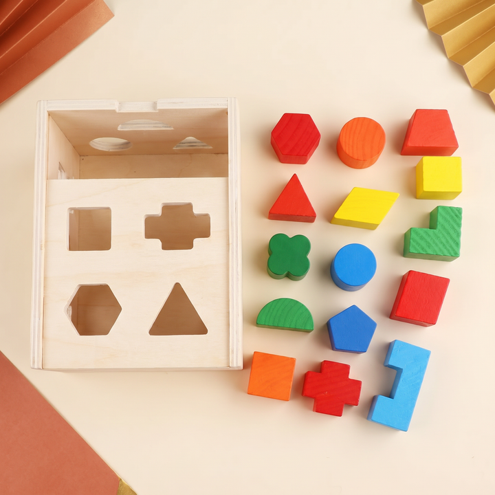 Flat-lay of all fifteen colorful wooden shape blocks beside the open sorter box