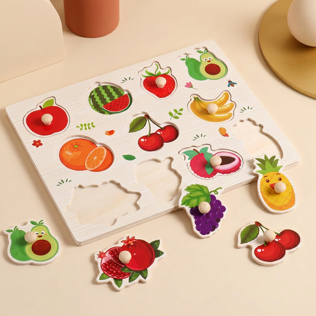 Wooden peg puzzle board with several shaped pieces lifted out beside it