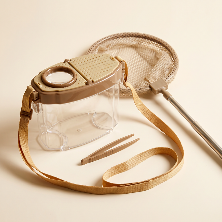 Full insect observation kit - clear magnifier box, bug net, tweezers and shoulder strap