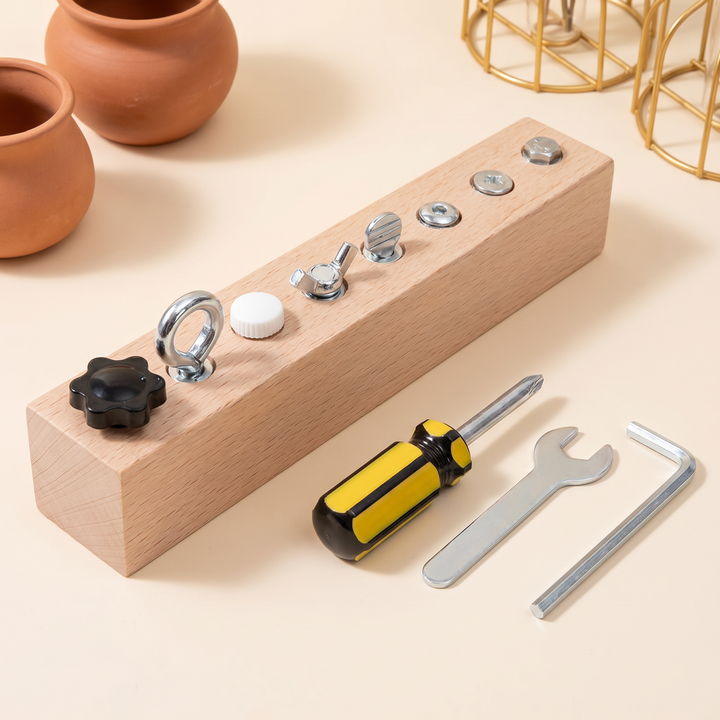 Beechwood bolt board with its row of metal fasteners, screwdriver, wrench and hex key