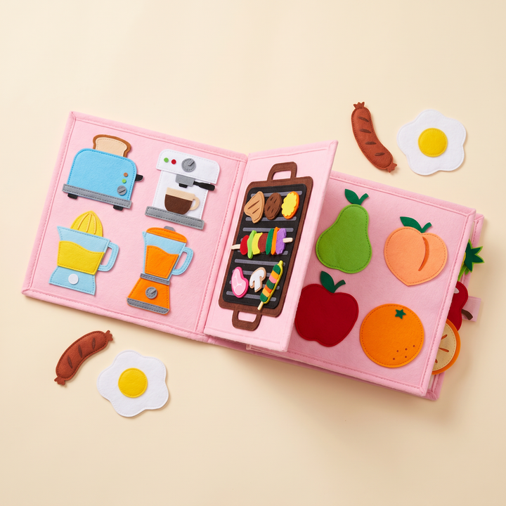 Cooking busy book open to several felt pages - appliances, fridge, numbered grill and fruit matching