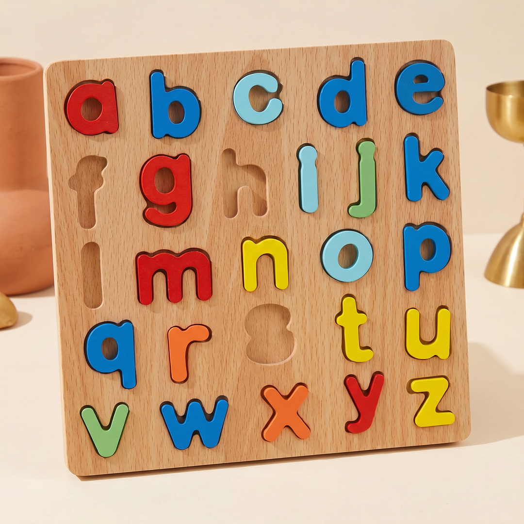 Assembled wooden matching board with raised painted letters in their slots