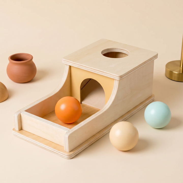 Birch-wood object permanence box with its three pastel balls arranged on and around the tray