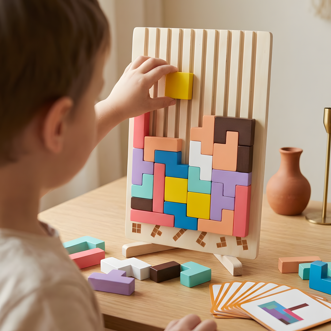 Child sliding a yellow block down the front of the Block Drop board, seen over the shoulder