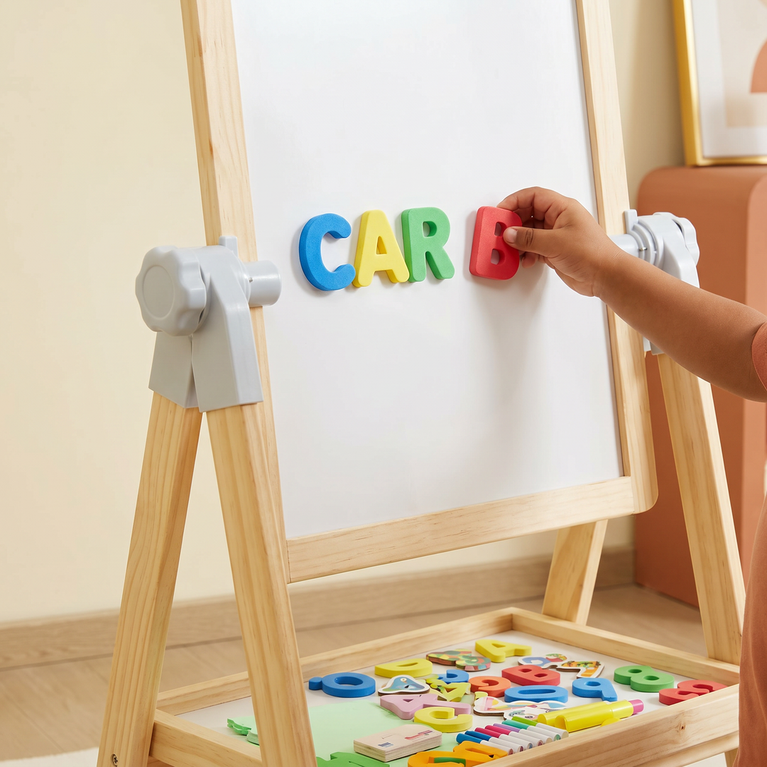 A child placing a magnetic foam letter on the white dry-erase side of the wooden easel