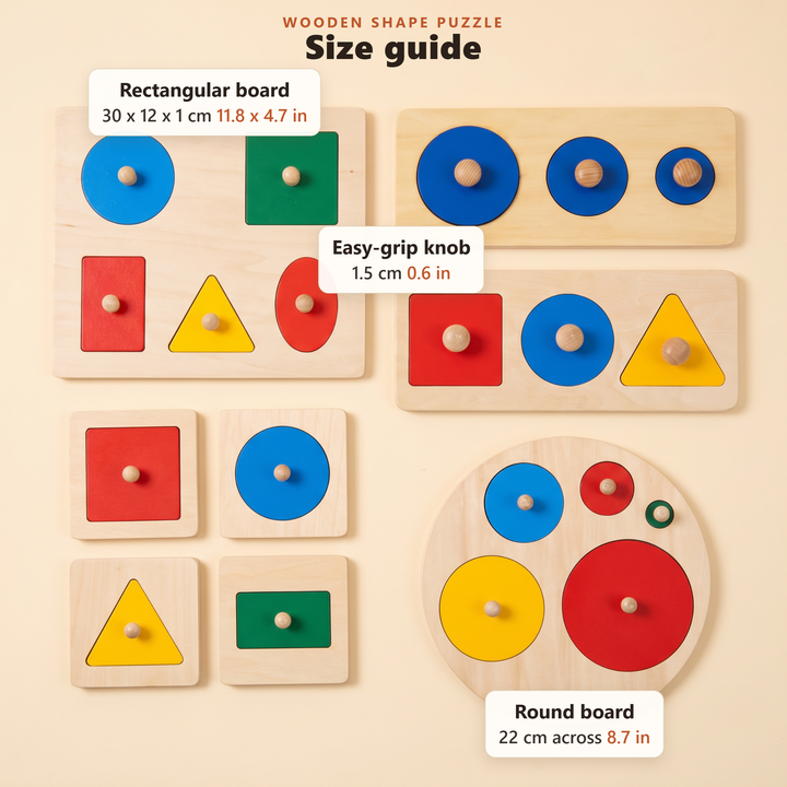 Size guide: rectangular board 30 x 12 x 1 cm (11.8 x 4.7 in), round board 22 cm across (8.7 in), easy-grip knob 1.5 cm (0.6 in).