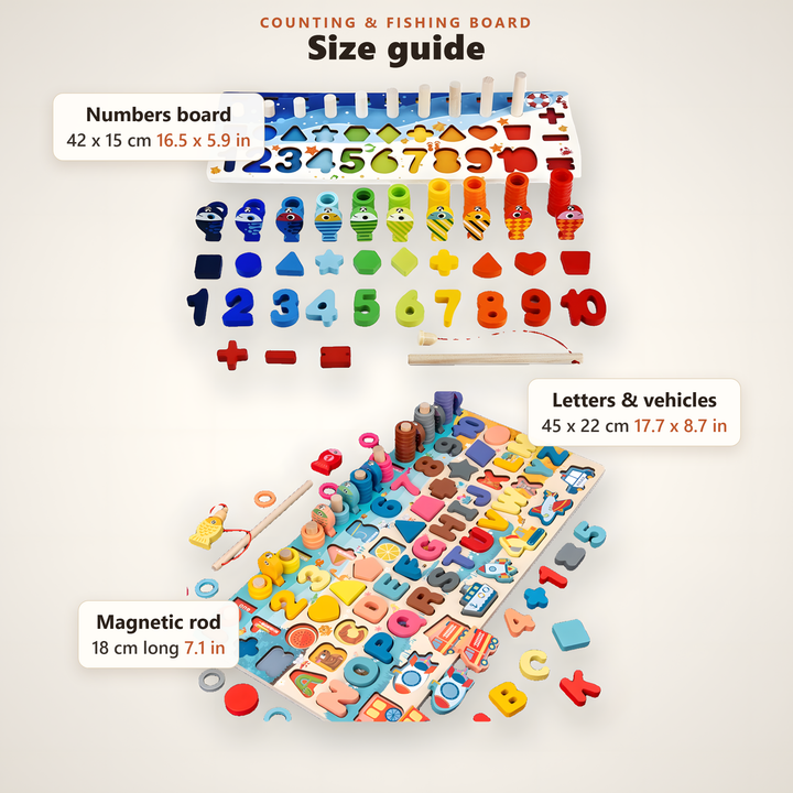 Size guide: numbers board 42 x 15 cm (16.5 x 5.9 in), letters and vehicles board 45 x 22 cm (17.7 x 8.7 in), magnetic rod 18 cm (7.1 in)
