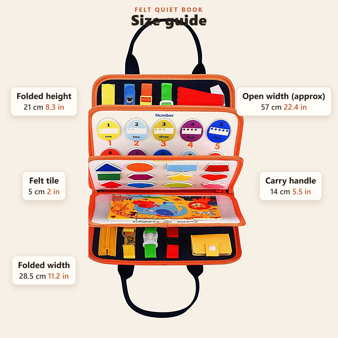 Size guide: folded 28.5 x 21 cm (11.2 x 8.3 in), opens to about 57 cm, felt tiles 5 cm, carry handle 14 cm
