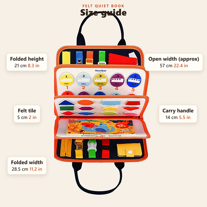 Size guide: folded 28.5 x 21 cm (11.2 x 8.3 in), opens to about 57 cm, felt tiles 5 cm, carry handle 14 cm