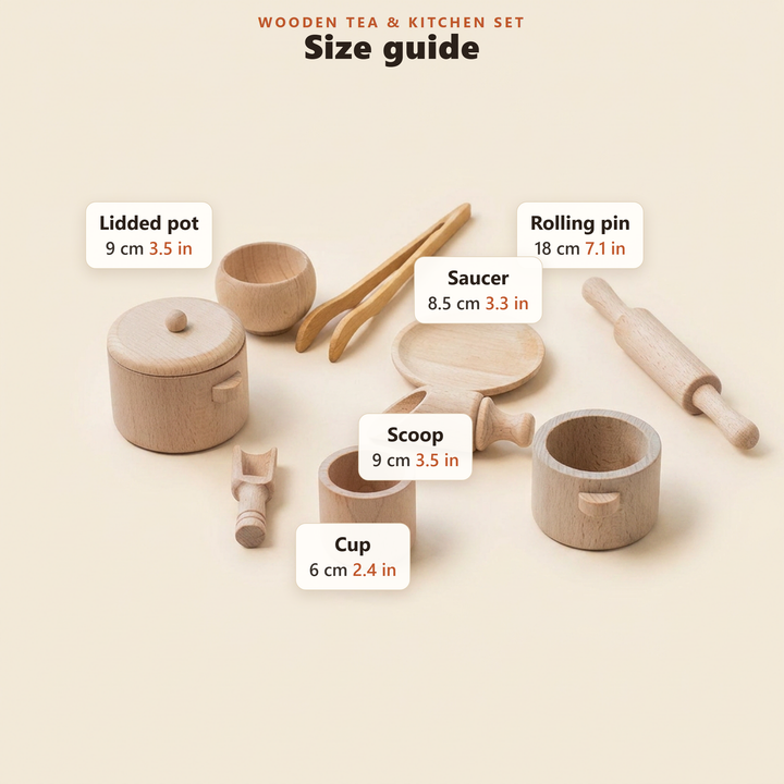 Size guide - approximate rolling pin, pot, saucer, cup and scoop measurements in cm and inches