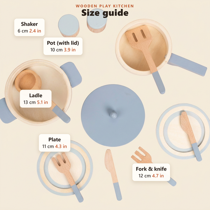 Size guide - approximate pot, plate, ladle, shaker and cutlery measurements in cm and inches