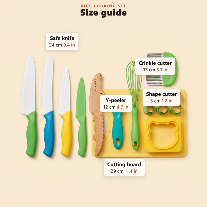 Size guide for the kids cooking tools set in centimetres and inches