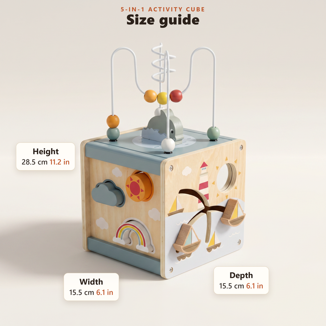 Size guide - activity cube 15.5 x 15.5 cm wide and 28.5 cm tall (6.1 x 6.1 x 11.2 in)
