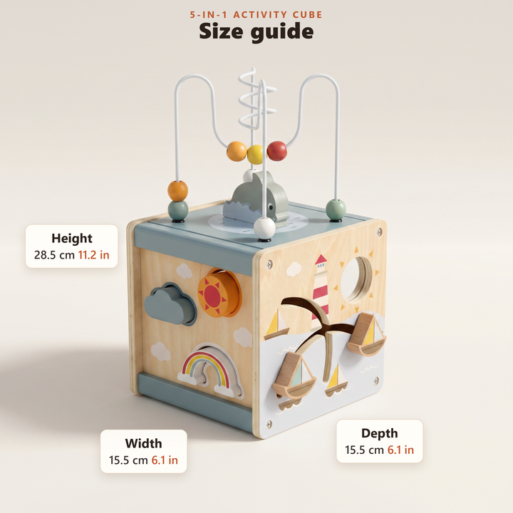 Size guide - activity cube 15.5 x 15.5 cm wide and 28.5 cm tall (6.1 x 6.1 x 11.2 in)