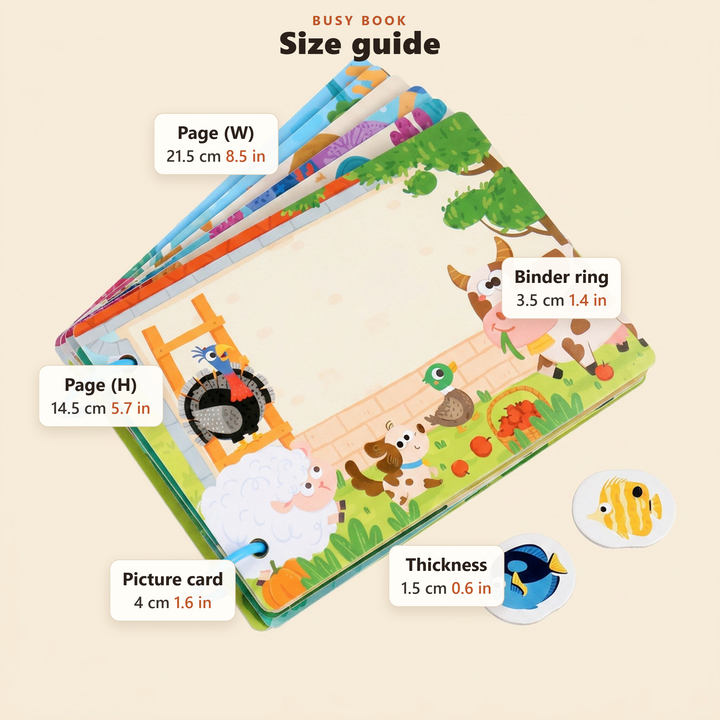 Size guide for the busy book in centimetres and inches
