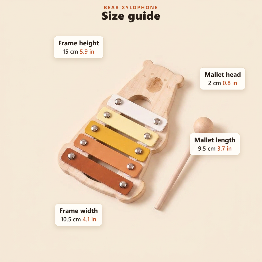 Size guide for the bear xylophone in centimetres and inches