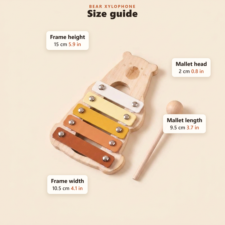 Size guide for the bear xylophone in centimetres and inches