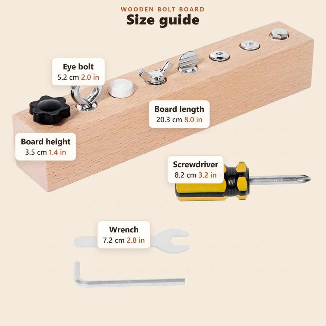 Size guide for the wooden bolt board in centimetres and inches