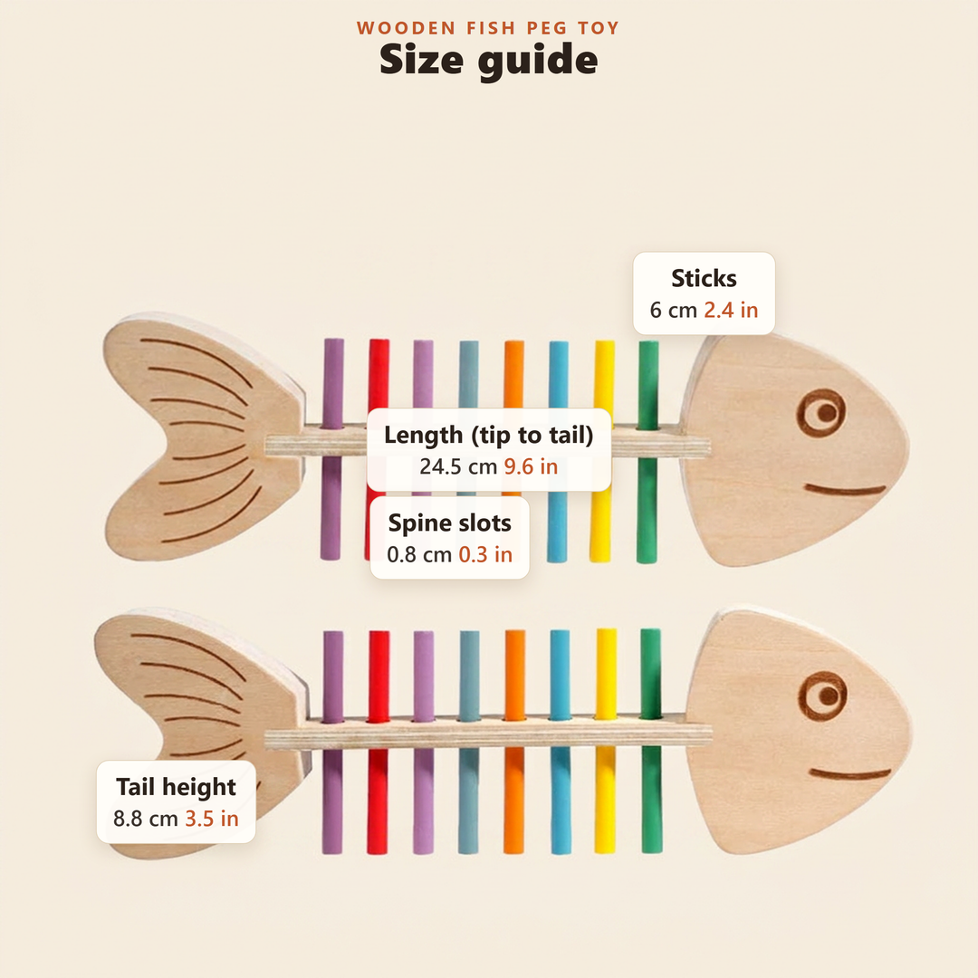 Size guide - approximate fish length, tail height and stick measurements in cm and inches