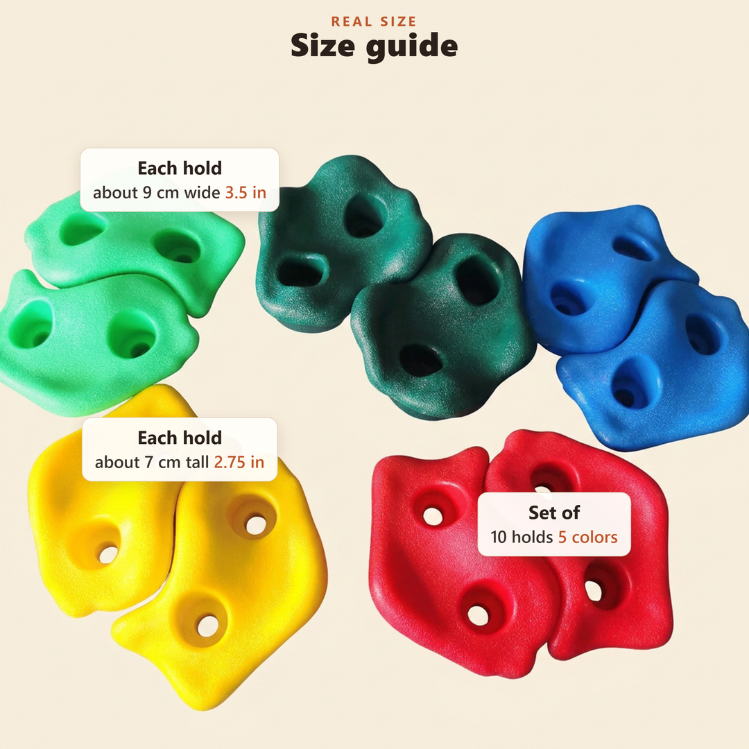 Size guide in cm and inches for the rock climbing holds