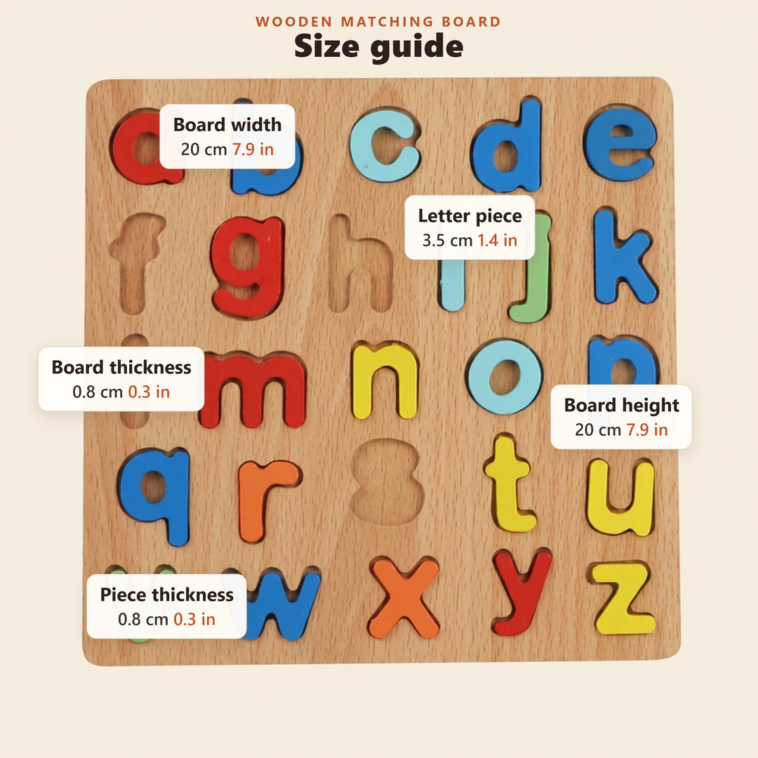 Size guide for the wooden matching board in centimetres and inches