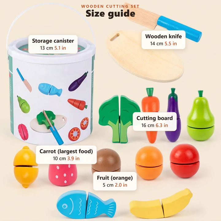 Size guide - approximate canister, board, knife and food measurements in cm and inches