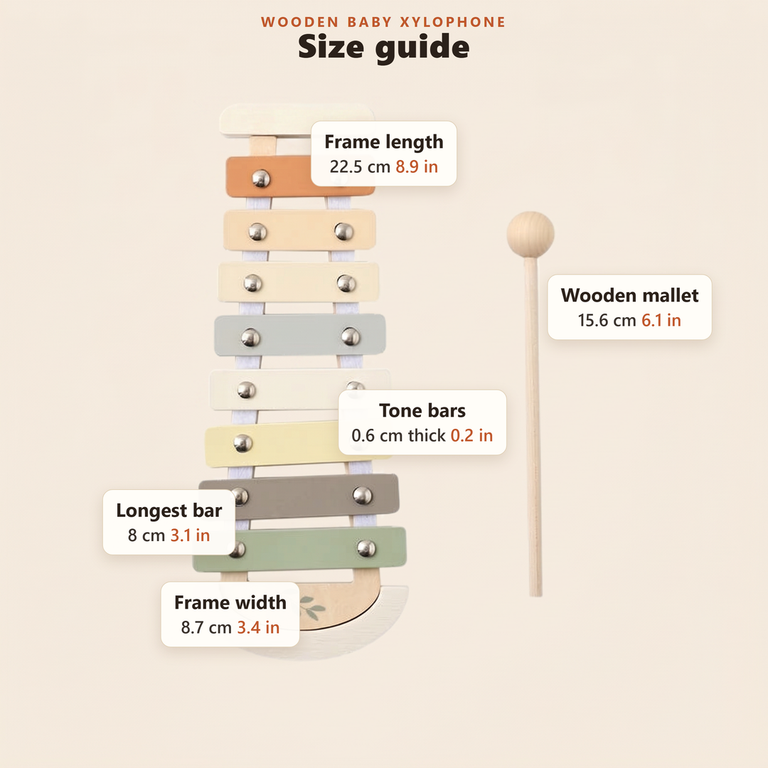 Size guide for the wooden baby xylophone in centimetres and inches