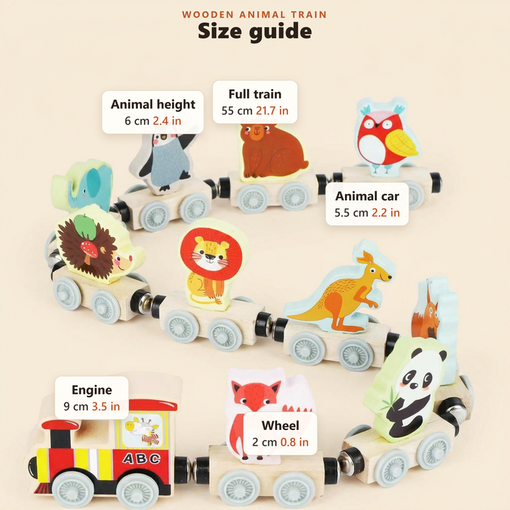 Size guide for the wooden animal train in centimetres and inches