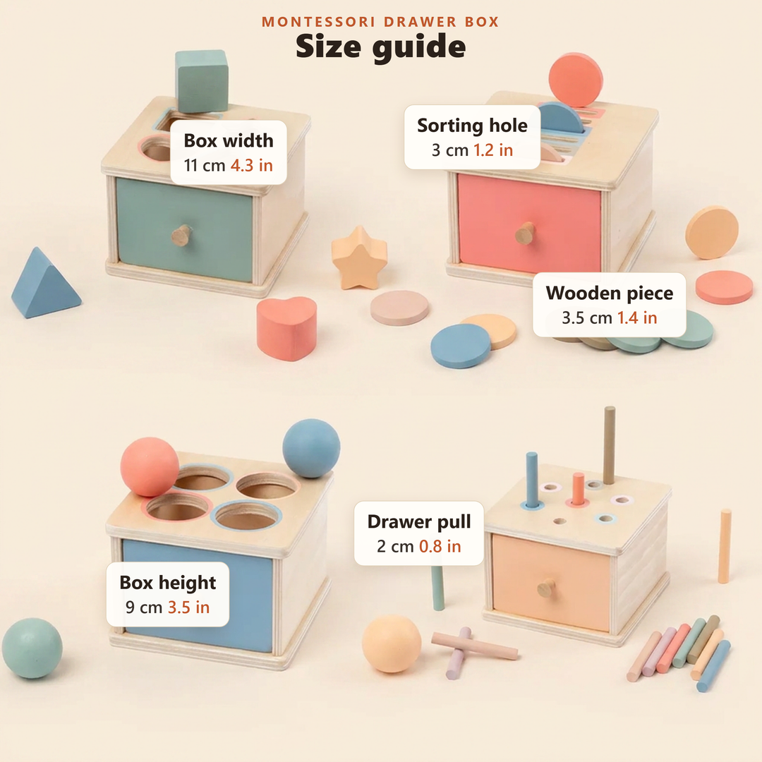 Size guide for the wooden Montessori drawer box in centimetres and inches