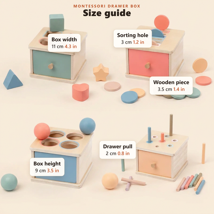 Size guide for the wooden Montessori drawer box in centimetres and inches