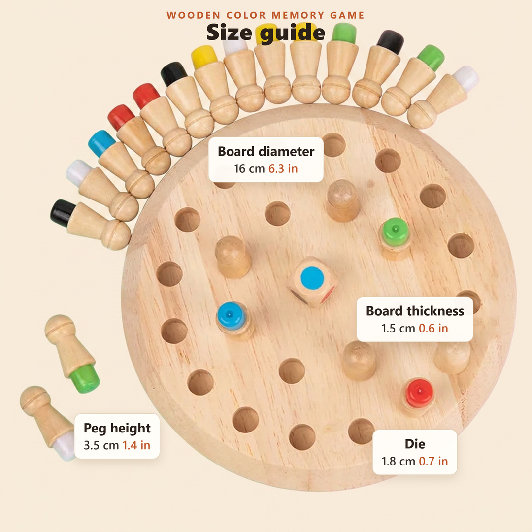 Size guide - approximate board, peg and die measurements in cm and inches