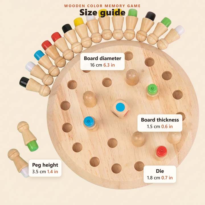 Size guide - approximate board, peg and die measurements in cm and inches