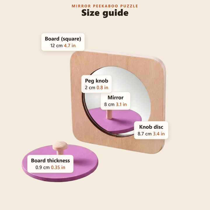 Size guide - approximate board, mirror, disc and knob measurements in cm and inches