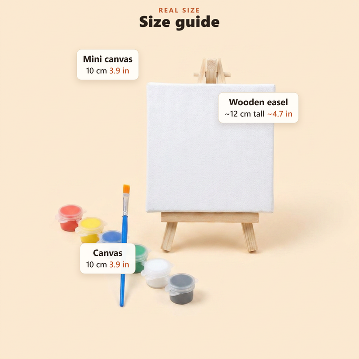 Size guide in cm and inches for the mini canvas and easel