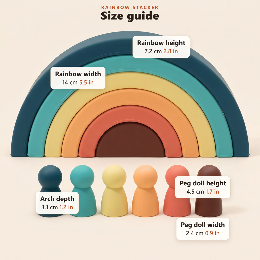 Size guide for the silicone rainbow stacker in centimetres and inches