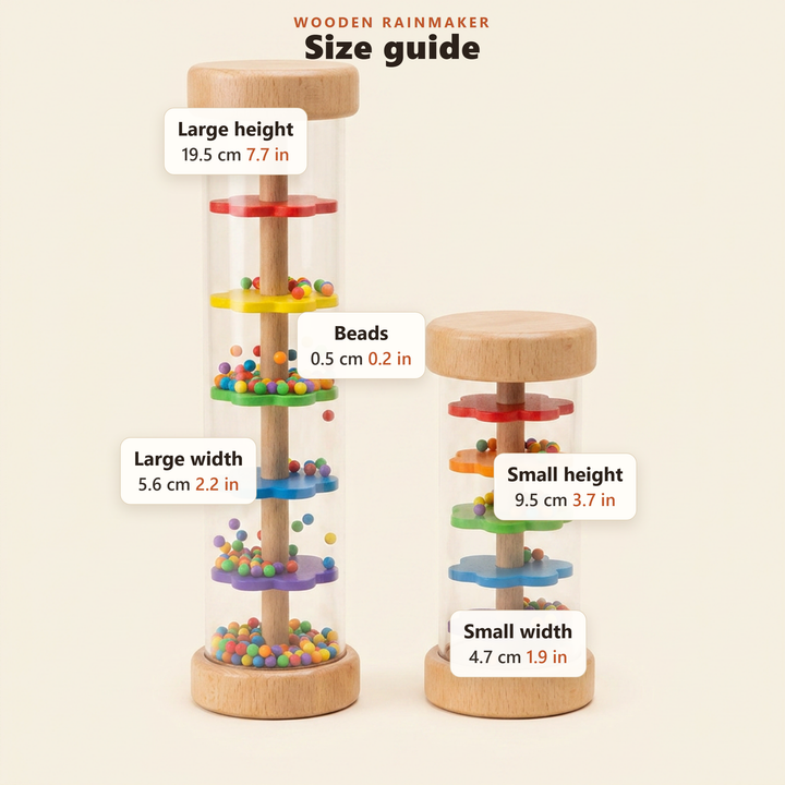 Size guide for the wooden rainmaker in centimetres and inches