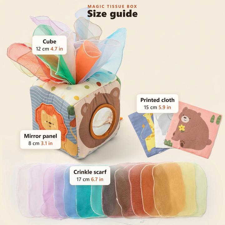 Size guide - approximate cube, printed cloth, scarf and mirror panel measurements in cm and inches