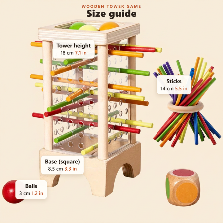 Size guide - approximate tower, base, stick and ball measurements in cm and inches