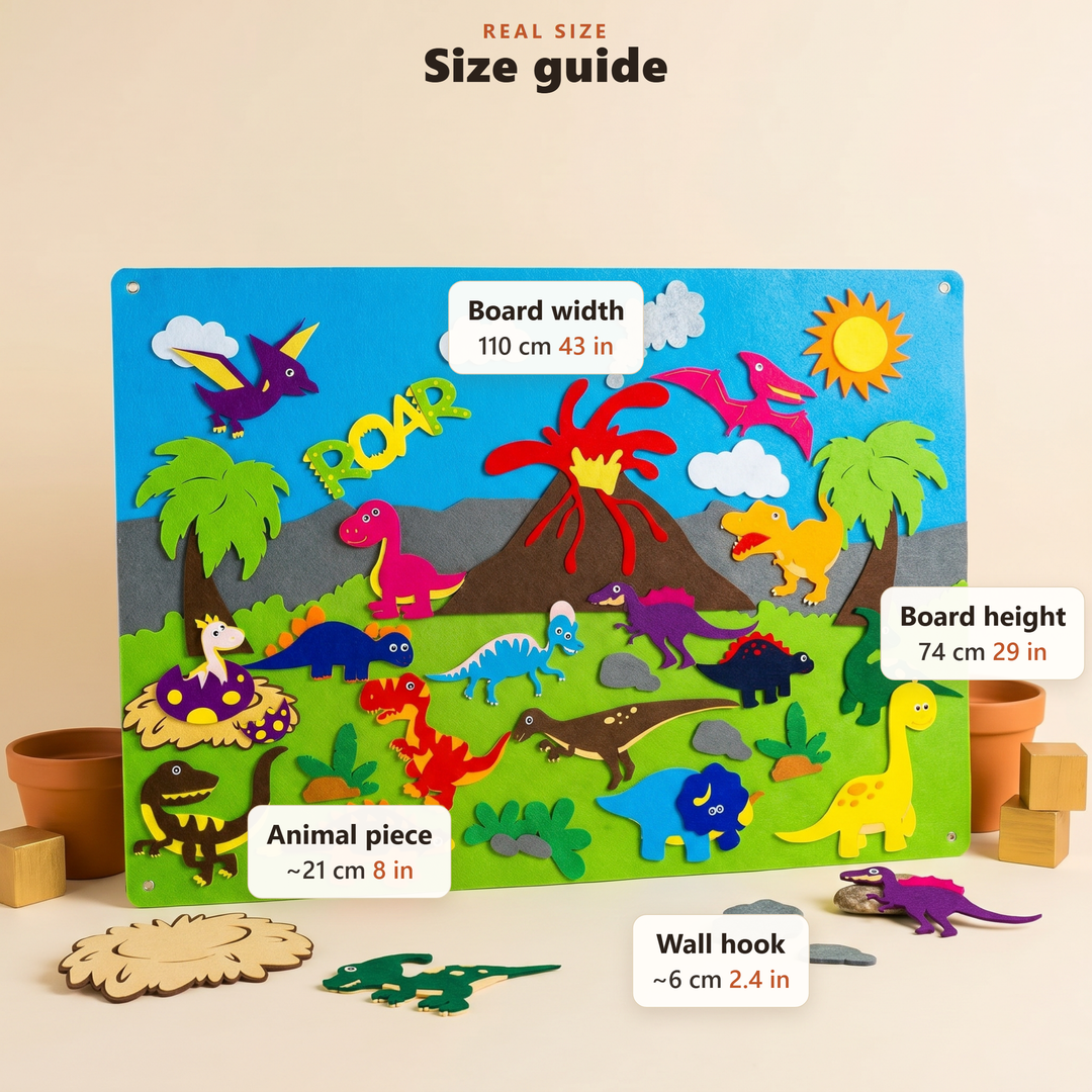 Size guide for the felt story board in centimetres and inches