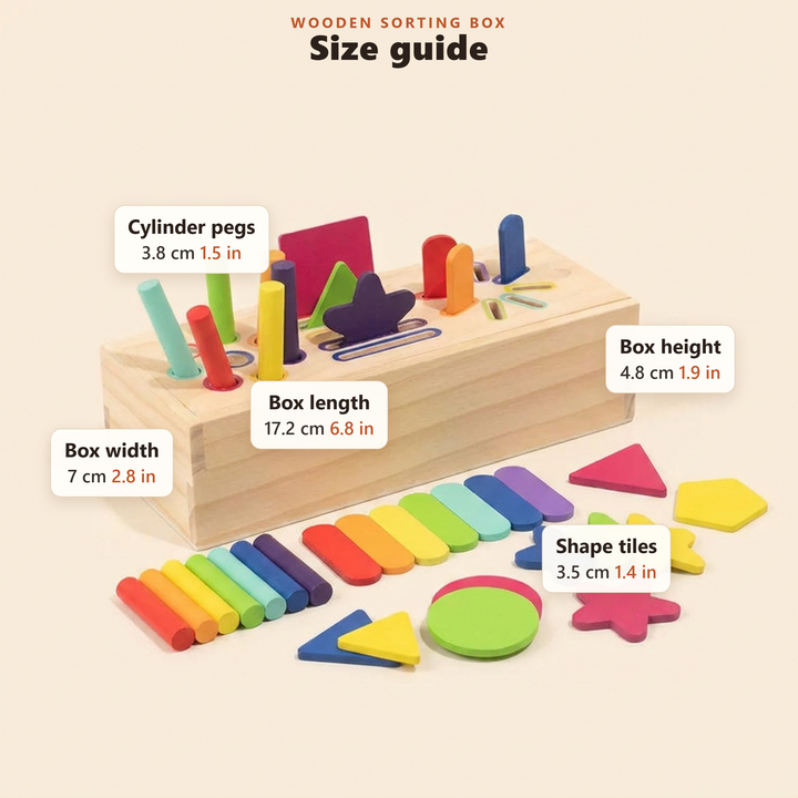 Size guide for the wooden three-in-one sorting box in centimetres and inches